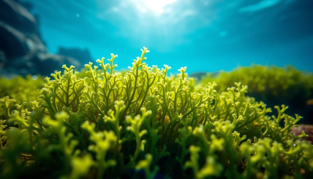 A vibrant closeup of sea moss (Chondrus crispus) growing in its natural underwater habitat. The fronds are a deep emerald green, delicately ruffled and undulating gently with the current. Sunlight filters through the crystal clear water, casting a warm glow and creating intricate patterns of light and shadow on the surface of the moss. The composition focuses on the intricate branching structure and the tactile, almost velvet-like texture of the moss, conveying a sense of its unique marine beauty. The scene is captured with a shallow depth of field, placing the subject in sharp focus while the background fades into a soft, hazy blur. A vibrant closeup of sea moss (Chondrus crispus) growing in its natural underwater habitat. The fronds are a deep emerald green, delicately ruffled and undulating gently with the current. Sunlight filters through the crystal clear water, casting a warm glow and creating intricate patterns of light and shadow on the surface of the moss. The composition focuses on the intricate branching structure and the tactile, almost velvet-like texture of the moss, conveying a sense of its unique marine beauty. The scene is captured with a shallow depth of field, placing the subject in sharp focus while the background fades into a soft, hazy blur.