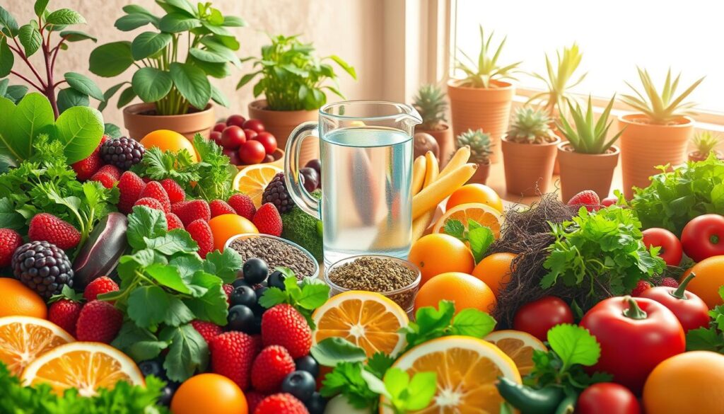 A vibrant, detailed illustration of an "alkaline diet" scene. In the foreground, an array of fresh, colorful fruits and vegetables - leafy greens, berries, citrus, and crisp veggies. The middle ground features a glass pitcher of alkaline water, surrounded by various superfoods like chia seeds, spirulina, and kelp. In the background, a tranquil, earthy setting with potted plants, natural textures, and soft, natural lighting, creating a calming, balanced atmosphere. The overall composition conveys the harmony and vitality of an alkaline-focused diet, emphasizing the importance of whole, plant-based foods for optimal health and pH balance. A vibrant, detailed illustration of an "alkaline diet" scene. In the foreground, an array of fresh, colorful fruits and vegetables - leafy greens, berries, citrus, and crisp veggies. The middle ground features a glass pitcher of alkaline water, surrounded by various superfoods like chia seeds, spirulina, and kelp. In the background, a tranquil, earthy setting with potted plants, natural textures, and soft, natural lighting, creating a calming, balanced atmosphere. The overall composition conveys the harmony and vitality of an alkaline-focused diet, emphasizing the importance of whole, plant-based foods for optimal health and pH balance.