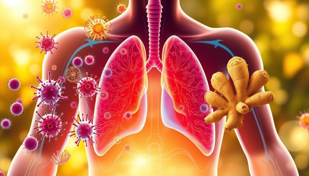 A vibrant, detailed illustration of the human immune system in action, capturing its intricate mechanisms and protective functions. The foreground showcases the interplay between immune cells, such as T-cells and B-cells, as they recognize and neutralize threats. The middle ground features the respiratory system, with the lungs prominently displayed, reflecting the connection between immune health and respiratory support. The background depicts a soothing, natural environment, conveying a sense of balance and harmony, reflecting the anti-inflammatory properties of turmeric and ginger. The lighting is warm and inviting, creating a serene and empowering atmosphere. The overall composition and attention to detail aim to visually communicate the powerful and synergistic effects of these two herbal remedies on the body's immune defenses. A vibrant, detailed illustration of the human immune system in action, capturing its intricate mechanisms and protective functions. The foreground showcases the interplay between immune cells, such as T-cells and B-cells, as they recognize and neutralize threats. The middle ground features the respiratory system, with the lungs prominently displayed, reflecting the connection between immune health and respiratory support. The background depicts a soothing, natural environment, conveying a sense of balance and harmony, reflecting the anti-inflammatory properties of turmeric and ginger. The lighting is warm and inviting, creating a serene and empowering atmosphere. The overall composition and attention to detail aim to visually communicate the powerful and synergistic effects of these two herbal remedies on the body's immune defenses.