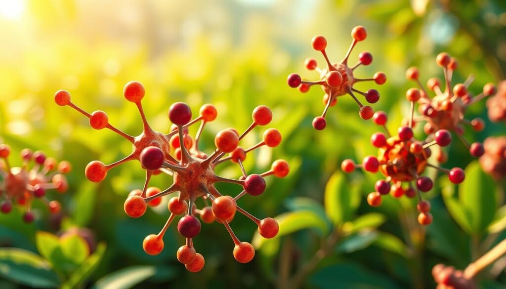 A vibrant, detailed illustration showcasing the key antioxidant compounds found in Triphala: polyphenols and tannins. In the foreground, intricate molecular structures of these compounds are depicted, their intricate patterns and colors radiating an aura of natural vitality. In the middle ground, a lush, verdant backdrop evokes the herbal origins of Triphala, with soft lighting illuminating the scene. The overall mood is one of serene, restorative power - a visual representation of how Triphala gently supports the gut lining without harsh side effects. The image is captured with a wide-angle lens, allowing the viewer to fully immerse themselves in this balanced, harmonious depiction of Triphala's key gut-health supporting compounds.