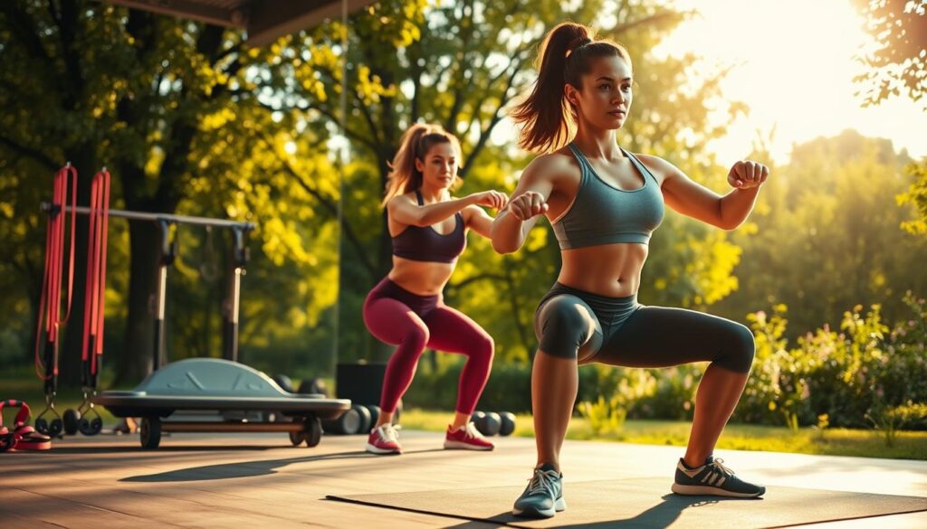 A vibrant, energetic scene depicting the follicular phase of the menstrual cycle. In the foreground, a fit, strong woman performs a series of squats and lunges, her muscles rippling with power. The middle ground features a balance board, resistance bands, and other strength training equipment, highlighting the focus on building endurance and muscle. In the background, a lush, verdant landscape with sunlight streaming through the trees creates a serene, rejuvenating atmosphere. The lighting is warm and natural, accentuating the woman's determined expression and the overall sense of vitality and renewal. Captured with a wide-angle lens to convey a sense of openness and possibility. A vibrant, energetic scene depicting the follicular phase of the menstrual cycle. In the foreground, a fit, strong woman performs a series of squats and lunges, her muscles rippling with power. The middle ground features a balance board, resistance bands, and other strength training equipment, highlighting the focus on building endurance and muscle. In the background, a lush, verdant landscape with sunlight streaming through the trees creates a serene, rejuvenating atmosphere. The lighting is warm and natural, accentuating the woman's determined expression and the overall sense of vitality and renewal. Captured with a wide-angle lens to convey a sense of openness and possibility.