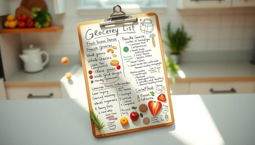 A vibrant, handwritten grocery list sprawled across a vintage wooden clipboard, casting a soft, natural light. The list is filled with a variety of nutrient-dense items - fresh produce, whole grains, lean proteins, and heart-healthy fats. The background is a clean, airy kitchen counter, with a minimal, organic aesthetic that complements the artful arrangement of the list. The overall mood is one of simplicity, wellness, and thoughtful meal planning. A vibrant, handwritten grocery list sprawled across a vintage wooden clipboard, casting a soft, natural light. The list is filled with a variety of nutrient-dense items - fresh produce, whole grains, lean proteins, and heart-healthy fats. The background is a clean, airy kitchen counter, with a minimal, organic aesthetic that complements the artful arrangement of the list. The overall mood is one of simplicity, wellness, and thoughtful meal planning.