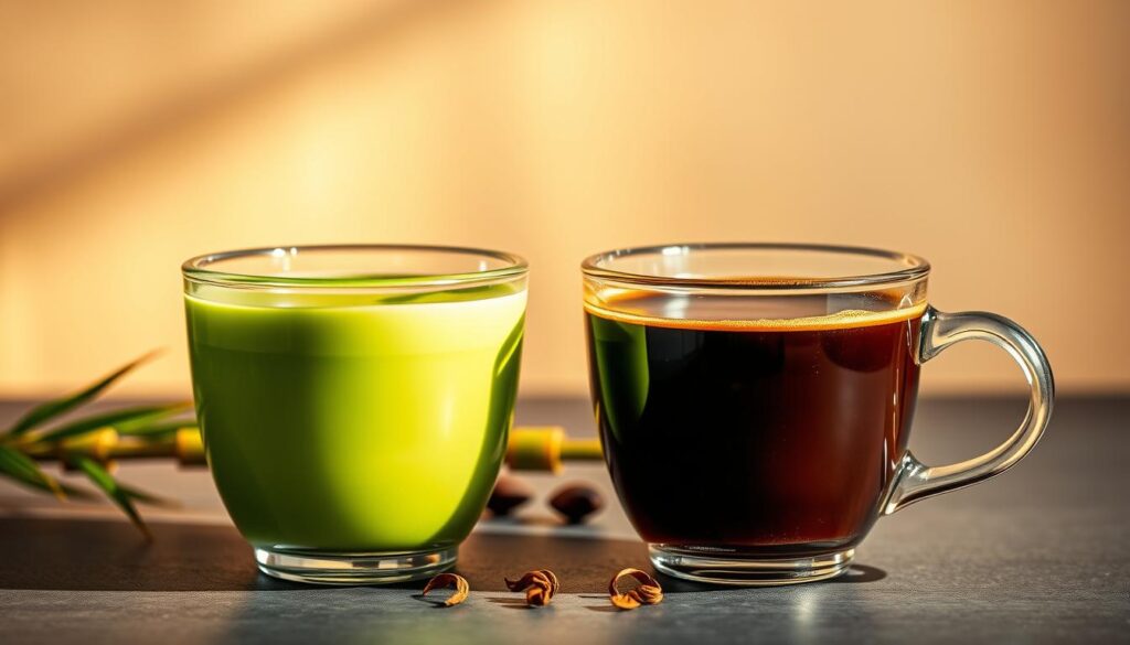 A vibrant, high-contrast scene of two artfully composed cups, one filled with a bright green matcha tea and the other with a rich, aromatic coffee. The matcha cup is set against a backdrop of soft, natural light, exuding a sense of calm and tranquility, while the coffee cup is placed in a shaft of warm, golden light, evoking a feeling of energetic focus. The foreground features the two beverages side by side, highlighting their distinct visual and textural qualities. The middle ground showcases delicate, organic elements like bamboo shoots or tea leaves, creating a harmonious blend of natural materials. The background subtly blends earthy tones and gentle gradients, establishing a serene, contemplative atmosphere. The overall composition draws the viewer's attention to the subtle differences and unique properties of matcha and coffee, inviting a thoughtful exploration of their respective benefits.