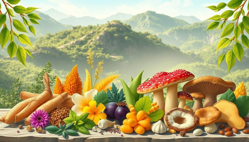 A vibrant, high-resolution illustration showcasing a collection of diverse adaptogenic herbs against a serene, nature-inspired backdrop. In the foreground, arrange a selection of botanicals such as ginseng, ashwagandha, rhodiola, and reishi mushrooms, captured in intricate detail with natural lighting. In the middle ground, depict lush greenery and earthy tones, hinting at the holistic and grounding qualities of adaptogens. The background should feature a tranquil landscape, with soft, diffused lighting and gentle hues that evoke a sense of balance and harmony. Convey the idea of adaptogens as natural, holistic remedies that help the body adapt to stress, rather than as a quick fix or panacea. A vibrant, high-resolution illustration showcasing a collection of diverse adaptogenic herbs against a serene, nature-inspired backdrop. In the foreground, arrange a selection of botanicals such as ginseng, ashwagandha, rhodiola, and reishi mushrooms, captured in intricate detail with natural lighting. In the middle ground, depict lush greenery and earthy tones, hinting at the holistic and grounding qualities of adaptogens. The background should feature a tranquil landscape, with soft, diffused lighting and gentle hues that evoke a sense of balance and harmony. Convey the idea of adaptogens as natural, holistic remedies that help the body adapt to stress, rather than as a quick fix or panacea.