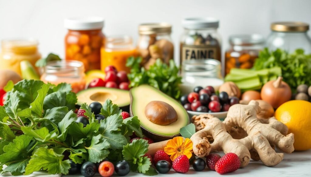 A vibrant, high-resolution image of a variety of whole, nutrient-dense foods that help reduce inflammation. In the foreground, a selection of fresh produce including leafy greens, berries, turmeric root, and ginger. In the middle ground, a mix of healthy fats like avocado, extra virgin olive oil, and walnuts. In the background, jars of fermented foods such as sauerkraut, kimchi, and probiotic-rich yogurt. The lighting is soft and natural, highlighting the vibrant colors and textures of the ingredients. The overall composition is clean, balanced, and appetizing, evoking a sense of wellness and nourishment. A vibrant, high-resolution image of a variety of whole, nutrient-dense foods that help reduce inflammation. In the foreground, a selection of fresh produce including leafy greens, berries, turmeric root, and ginger. In the middle ground, a mix of healthy fats like avocado, extra virgin olive oil, and walnuts. In the background, jars of fermented foods such as sauerkraut, kimchi, and probiotic-rich yogurt. The lighting is soft and natural, highlighting the vibrant colors and textures of the ingredients. The overall composition is clean, balanced, and appetizing, evoking a sense of wellness and nourishment.