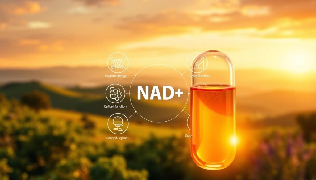A vibrant, high-resolution image of the benefits of NAD+ supplementation. In the foreground, a glowing, translucent capsule filled with a warm, amber liquid, radiating an aura of vitality. In the middle ground, a collage of icons representing the key benefits: improved energy levels, enhanced cellular function, reduced inflammation, and boosted cognitive performance. The background features a serene, nature-inspired landscape with lush greenery, rolling hills, and a warm, golden-hour sky, conveying a sense of rejuvenation and longevity. The lighting is soft and diffused, creating a soothing, therapeutic atmosphere. Captured with a wide-angle lens to provide a sense of depth and immersion. A vibrant, high-resolution image of the benefits of NAD+ supplementation. In the foreground, a glowing, translucent capsule filled with a warm, amber liquid, radiating an aura of vitality. In the middle ground, a collage of icons representing the key benefits: improved energy levels, enhanced cellular function, reduced inflammation, and boosted cognitive performance. The background features a serene, nature-inspired landscape with lush greenery, rolling hills, and a warm, golden-hour sky, conveying a sense of rejuvenation and longevity. The lighting is soft and diffused, creating a soothing, therapeutic atmosphere. Captured with a wide-angle lens to provide a sense of depth and immersion.