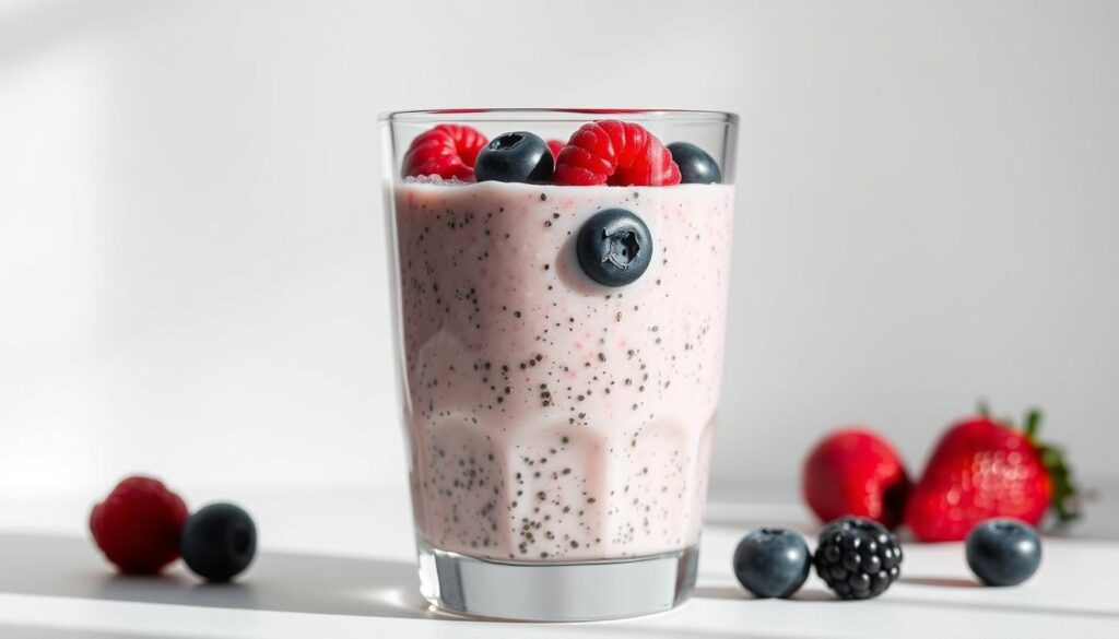 A vibrant, high-resolution photograph of a berry chia kefir smoothie in a clear glass. The smoothie has a thick, creamy texture with flecks of black chia seeds suspended throughout. Ripe, juicy raspberries, blackberries, and blueberries float on the surface, their colors contrasting beautifully with the pale, slightly effervescent kefir. The glass is set against a plain white background, allowing the smoothie to be the focal point. Soft, diffused lighting from the side gently illuminates the drink, casting subtle shadows and highlights that accentuate its alluring visual appeal. The overall presentation is sleek, appetizing, and evocative of health, energy, and vitality.