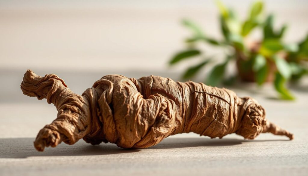 A vibrant, high-resolution photograph of a fresh valerian root, its earthy brown skin and knotted texture prominently displayed in the foreground. The root is positioned on a clean, neutral-colored surface, bathed in soft, natural lighting that accentuates its organic contours. The background is blurred, allowing the viewer to focus solely on the intricate details and natural beauty of this herbal remedy known for its calming, sleep-promoting properties. Captured with a professional-grade camera, the image conveys a sense of tranquility and wellness, perfectly complementing the section on the top sleepy-time teas.