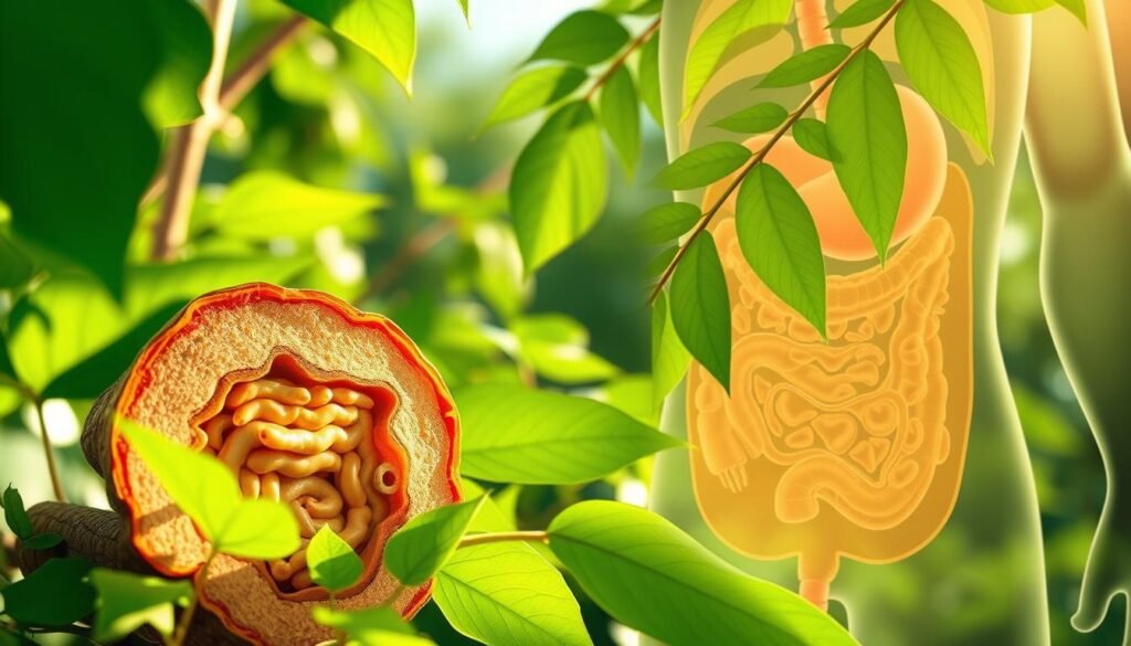 A vibrant illustration depicting the digestive benefits of moringa oleifera leaves. In the foreground, a detailed cross-section of the human gut showcases the complex ecosystem of microbiome flora, with moringa leaves infusing the scene with a lush, verdant hue. The middle ground features an anatomical rendering of the digestive tract, highlighting the pathways through which moringa's potent nutrients and phytochemicals are absorbed. In the background, moringa leaves sway gently, bathed in soft, natural lighting that conveys a sense of harmony and well-being. The overall composition emphasizes the synergistic relationship between moringa and optimal gut health, with a focus on its ability to support the body's natural defenses against foodborne pathogens.