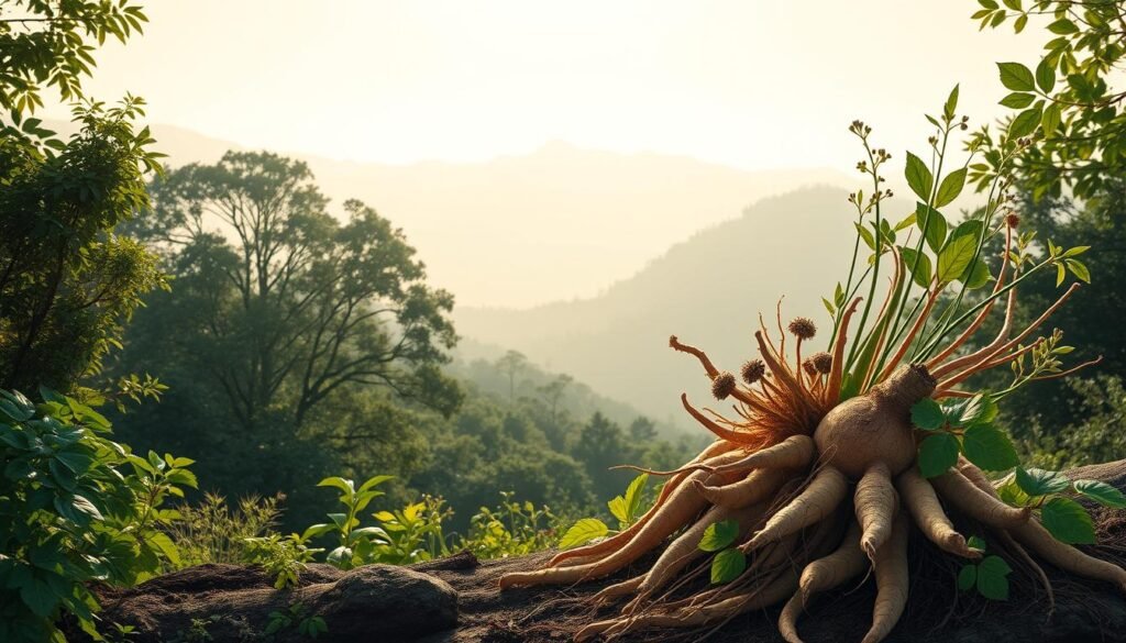 A vibrant illustration of "adaptogen" herbs and plants against a serene, earthy backdrop. In the foreground, a cluster of adaptogenic roots and leaves, such as ashwagandha, rhodiola, and ginseng, rendered in vivid detail and natural colors. The middle ground features a hazy, softly-lit forest scene, with dappled sunlight filtering through the lush greenery. In the background, a serene, misty mountain range sets the stage for this holistic, nature-inspired composition. The overall mood is one of balance, tranquility, and the restorative power of these ancient, adaptogenic remedies. Captured with a wide-angle lens and soft, diffused lighting to evoke a sense of harmony and connection with the natural world. A vibrant illustration of "adaptogen" herbs and plants against a serene, earthy backdrop. In the foreground, a cluster of adaptogenic roots and leaves, such as ashwagandha, rhodiola, and ginseng, rendered in vivid detail and natural colors. The middle ground features a hazy, softly-lit forest scene, with dappled sunlight filtering through the lush greenery. In the background, a serene, misty mountain range sets the stage for this holistic, nature-inspired composition. The overall mood is one of balance, tranquility, and the restorative power of these ancient, adaptogenic remedies. Captured with a wide-angle lens and soft, diffused lighting to evoke a sense of harmony and connection with the natural world.