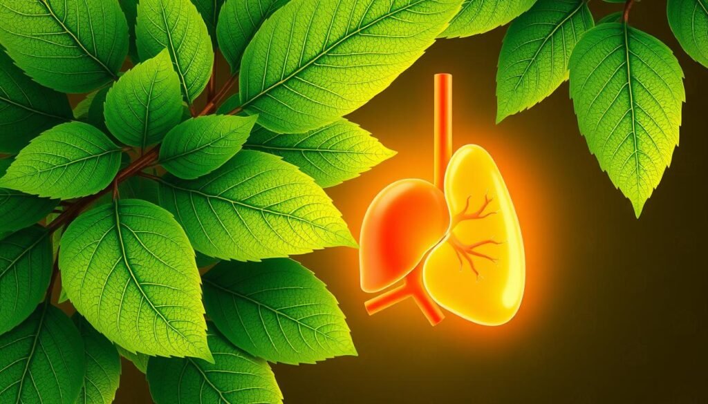 A vibrant illustration of moringa oleifera leaves, showcasing their powerful liver-protective properties. The foreground features a cluster of lush, green moringa leaves, their intricate veins and delicate textures rendered in striking detail. The middle ground introduces a simplified 3D representation of the human liver, glowing with a warm, amber hue to symbolize the organ's detoxification and regenerative capabilities. In the background, a subtle pattern of organic shapes and muted colors evokes the natural harmony and synergy between the moringa plant and the human body. The overall composition conveys a sense of balance, vitality, and the potent, therapeutic benefits of this nutrient-dense superfood.