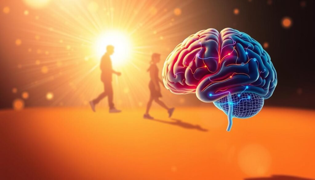 A vibrant illustration showcasing the benefits of bilateral stimulation on the brain. In the foreground, a detailed cross-section of the human brain, highlighting the intricate neural pathways and the areas activated during bilateral stimulation. The middle ground features a person walking, with their steps creating a rhythm of light and shadow, symbolizing the synchronous neural activity. In the background, a pulsing energy field radiates, representing the enhanced cognitive function and improved neuroplasticity. The lighting is warm and inviting, with a soft, almost ethereal glow, creating an atmosphere of enlightenment and well-being. The overall composition conveys the idea that bilateral stimulation, such as walking, can significantly enhance brain health and cognitive performance.