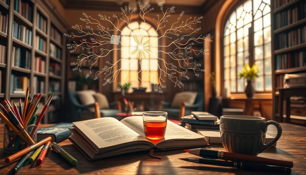 A vibrant, imagination-sparking scene set in a cozy, sunlit study. In the foreground, an open journal lies amid an array of creative tools - colorful pens, brushes, and a cup of steaming tea. Hovering above is a glowing, holographic mind map, its tendrils of ideas branching out in mesmerizing patterns. The middle ground features a large, ornate window, its warm light flooding the space and casting a soft, golden glow. In the background, bookshelves line the walls, hinting at the boundless knowledge and inspiration waiting to be unlocked. An aura of focused, meditative concentration permeates the scene, inviting the viewer to dive into their own creative process.