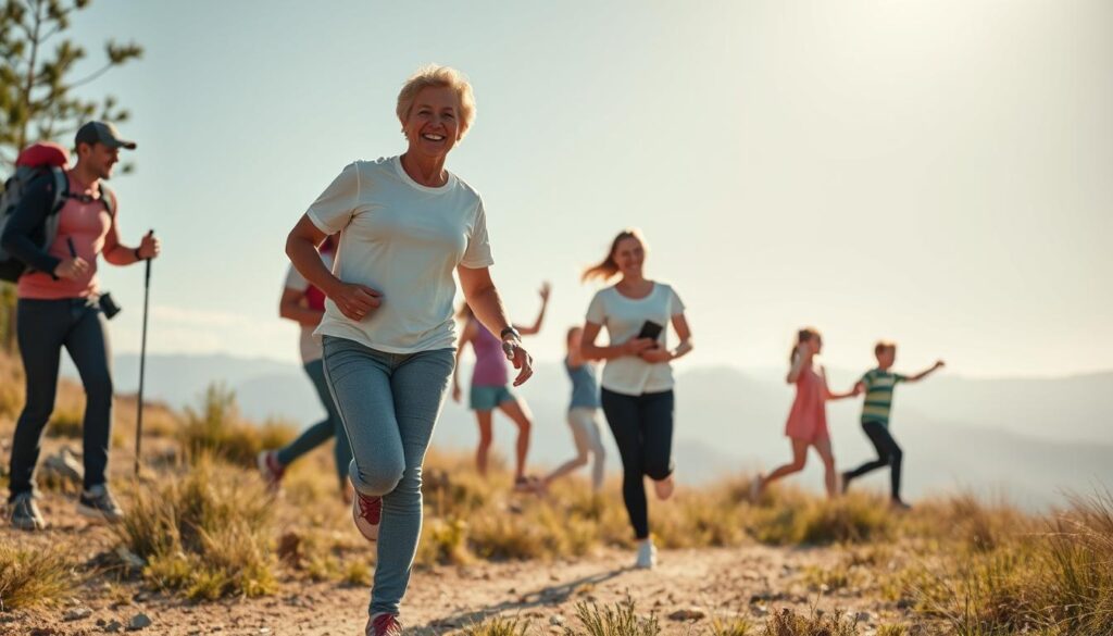 A vibrant, life-affirming scene depicting the benefits of enhanced mobility. In the foreground, a person strides confidently, their movements fluid and graceful, unencumbered by physical limitations. The middle ground showcases a diverse range of activities - hiking, dancing, playing with children - all enabled by improved strength and flexibility. The background captures a serene, sunlit landscape, conveying a sense of freedom and vitality. Warm, natural lighting accentuates the subject's radiant expression, inviting the viewer to imagine the transformative power of functional training. Crisp, detailed rendering captures the nuances of texture and form, creating a compelling visual narrative of the real-world advantages of physical empowerment. A vibrant, life-affirming scene depicting the benefits of enhanced mobility. In the foreground, a person strides confidently, their movements fluid and graceful, unencumbered by physical limitations. The middle ground showcases a diverse range of activities - hiking, dancing, playing with children - all enabled by improved strength and flexibility. The background captures a serene, sunlit landscape, conveying a sense of freedom and vitality. Warm, natural lighting accentuates the subject's radiant expression, inviting the viewer to imagine the transformative power of functional training. Crisp, detailed rendering captures the nuances of texture and form, creating a compelling visual narrative of the real-world advantages of physical empowerment.