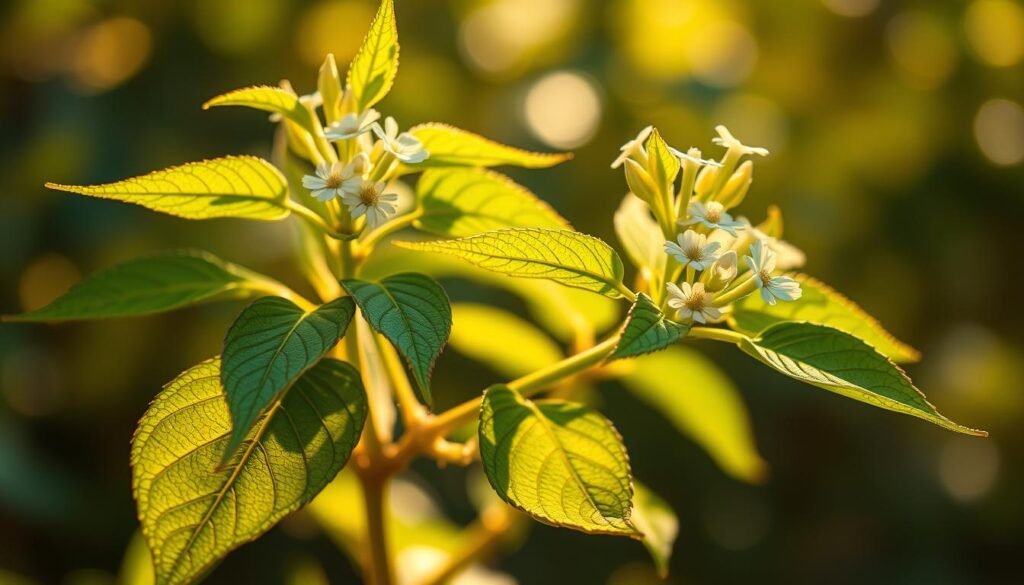 A vibrant, macro-level view of the Withania somnifera plant, also known as Ashwagandha, against a soft, blurred natural backdrop. The plant's lush, velvety green leaves and delicate white flowers are illuminated by warm, golden natural lighting, conveying a sense of tranquility and vitality. The composition emphasizes the plant's intricate details, such as the intricate venation patterns and the gentle curves of the stems, drawing the viewer's attention to the plant's inherent beauty and medicinal properties. The image evokes the calming, restorative essence of this ancient Ayurvedic herb, perfectly complementing the section on its benefits for women's health. A vibrant, macro-level view of the Withania somnifera plant, also known as Ashwagandha, against a soft, blurred natural backdrop. The plant's lush, velvety green leaves and delicate white flowers are illuminated by warm, golden natural lighting, conveying a sense of tranquility and vitality. The composition emphasizes the plant's intricate details, such as the intricate venation patterns and the gentle curves of the stems, drawing the viewer's attention to the plant's inherent beauty and medicinal properties. The image evokes the calming, restorative essence of this ancient Ayurvedic herb, perfectly complementing the section on its benefits for women's health.