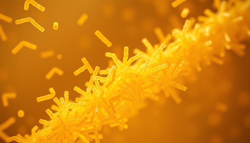 A vibrant micrograph showcasing lactic acid bacteria, the unsung heroes of fermentation. Crisp, high-resolution image with a shallow depth of field, placing the bacterial cells in sharp focus against a softly blurred background. Bacillus, Lactobacillus, and Streptococcus strains densely packed, their rod-shaped and cocci forms illuminated by warm, natural lighting from the side. Intricate cellular structures and division patterns visible, conveying the dynamic, living nature of these microscopic workhorses. A sense of scientific curiosity and appreciation for the invisible world of gut-friendly microbes. A vibrant micrograph showcasing lactic acid bacteria, the unsung heroes of fermentation. Crisp, high-resolution image with a shallow depth of field, placing the bacterial cells in sharp focus against a softly blurred background. Bacillus, Lactobacillus, and Streptococcus strains densely packed, their rod-shaped and cocci forms illuminated by warm, natural lighting from the side. Intricate cellular structures and division patterns visible, conveying the dynamic, living nature of these microscopic workhorses. A sense of scientific curiosity and appreciation for the invisible world of gut-friendly microbes.