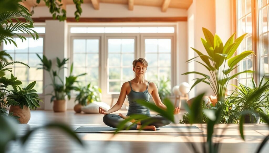 A vibrant, natural scene showcasing a balanced lifestyle. In the foreground, a person peacefully meditating on a yoga mat, surrounded by lush greenery and natural light filtering through large windows. In the middle ground, a clean, minimalist living space with a blend of organic textures and soothing colors. The background features a serene outdoor landscape, perhaps a garden or a scenic vista, visible through the windows. The overall atmosphere is one of calm, mindfulness, and holistic well-being, reflecting the importance of lifestyle choices in supporting adaptogenic herbs and supplements. A vibrant, natural scene showcasing a balanced lifestyle. In the foreground, a person peacefully meditating on a yoga mat, surrounded by lush greenery and natural light filtering through large windows. In the middle ground, a clean, minimalist living space with a blend of organic textures and soothing colors. The background features a serene outdoor landscape, perhaps a garden or a scenic vista, visible through the windows. The overall atmosphere is one of calm, mindfulness, and holistic well-being, reflecting the importance of lifestyle choices in supporting adaptogenic herbs and supplements.