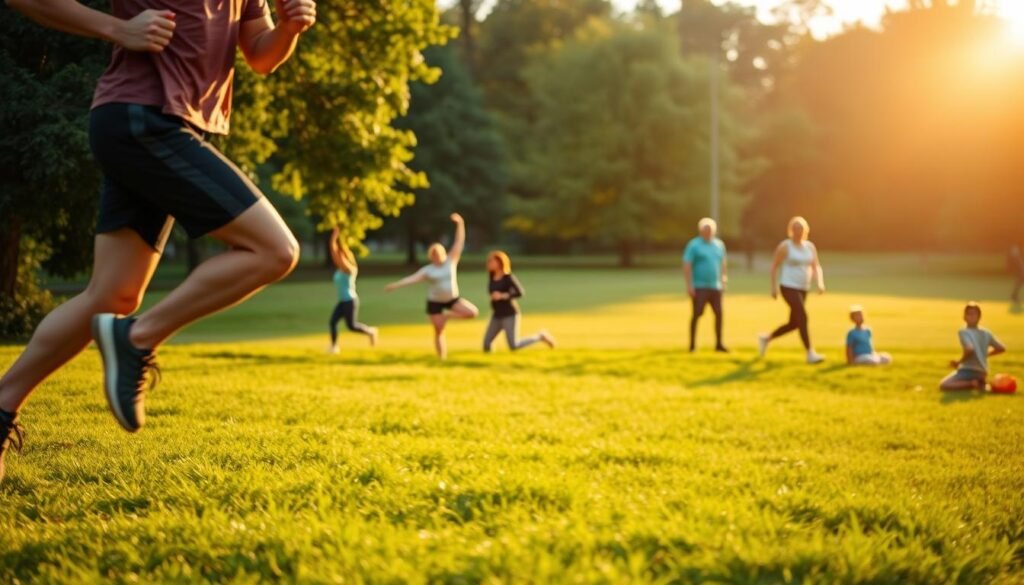 A vibrant outdoor scene capturing the essence of daily movement and exercise. In the foreground, a person is jogging energetically, their limbs in fluid motion, surrounded by a lush, verdant landscape. The middle ground features a tranquil park setting with people of various ages engaged in various physical activities - a group doing yoga poses, a couple walking briskly, and children playing. In the background, the warm glow of the morning sun bathes the scene in a golden light, casting long shadows and creating a sense of vitality and well-being. The overall atmosphere conveys the joy and benefits of incorporating regular, accessible physical movement into one's daily routine. A vibrant outdoor scene capturing the essence of daily movement and exercise. In the foreground, a person is jogging energetically, their limbs in fluid motion, surrounded by a lush, verdant landscape. The middle ground features a tranquil park setting with people of various ages engaged in various physical activities - a group doing yoga poses, a couple walking briskly, and children playing. In the background, the warm glow of the morning sun bathes the scene in a golden light, casting long shadows and creating a sense of vitality and well-being. The overall atmosphere conveys the joy and benefits of incorporating regular, accessible physical movement into one's daily routine.