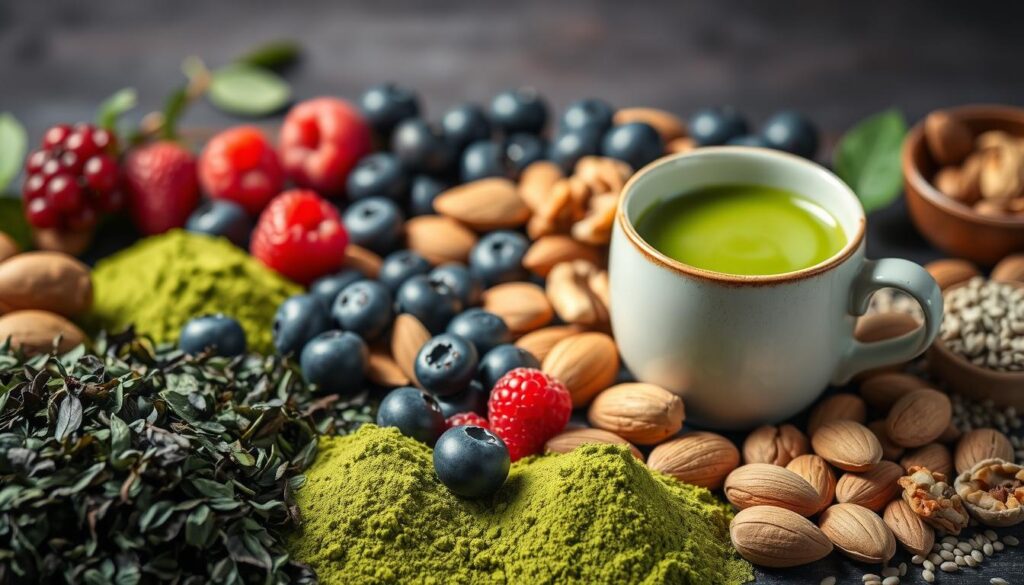 A vibrant, richly-colored still life showcasing an assortment of antioxidant-rich superfoods. In the foreground, a selection of matcha tea leaves, green tea powder, and freshly brewed matcha tea in a ceramic cup. In the middle ground, an array of colorful berries - blueberries, raspberries, and goji berries - arranged artistically. In the background, a medley of nuts and seeds, including almonds, walnuts, and chia seeds, all illuminated by soft, natural lighting. The composition emphasizes the connection between matcha, antioxidants, and overall health and wellness, creating a serene, inviting atmosphere.