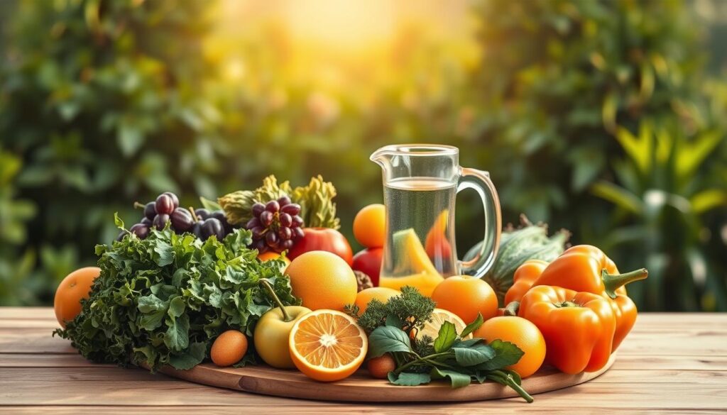 A vibrant, serene still life depicting an "alkaline diet" arrangement. In the foreground, an array of fresh, colorful fruits and vegetables - leafy greens, crisp apples, juicy oranges, and vibrant bell peppers - arranged artfully on a natural wood surface. In the middle ground, a glass pitcher filled with clear, alkaline water, reflecting the natural light. The background features a soft, blurred landscape of lush greenery, hinting at the nourishing, plant-based nature of the alkaline diet. The overall scene is bathed in warm, golden tones, conveying a sense of health, balance, and vitality. Captured with a shallow depth of field, the image focuses the viewer's attention on the vibrant, life-giving components of the alkaline lifestyle. A vibrant, serene still life depicting an "alkaline diet" arrangement. In the foreground, an array of fresh, colorful fruits and vegetables - leafy greens, crisp apples, juicy oranges, and vibrant bell peppers - arranged artfully on a natural wood surface. In the middle ground, a glass pitcher filled with clear, alkaline water, reflecting the natural light. The background features a soft, blurred landscape of lush greenery, hinting at the nourishing, plant-based nature of the alkaline diet. The overall scene is bathed in warm, golden tones, conveying a sense of health, balance, and vitality. Captured with a shallow depth of field, the image focuses the viewer's attention on the vibrant, life-giving components of the alkaline lifestyle.