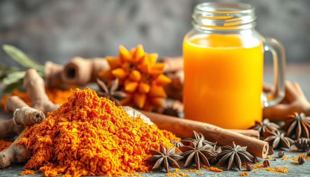A vibrant still life composition depicting various health-promoting ingredients for weight and metabolic support. In the foreground, a pile of ginger roots and turmeric rhizomes radiate a warm, earthy hue. In the middle ground, a glass jar filled with a golden elixir, perhaps a turmeric-ginger tonic, casts a soft, glowing light. Surrounding these central elements, an assortment of complementary botanicals such as cinnamon sticks, whole cloves, and star anise create a visually balanced and inviting arrangement. The lighting is gentle and natural, accentuating the rich textures and vibrant colors of the scene. The overall mood is one of nourishment, vitality, and the harmonious synergy of nature's anti-inflammatory powerhouses. A vibrant still life composition depicting various health-promoting ingredients for weight and metabolic support. In the foreground, a pile of ginger roots and turmeric rhizomes radiate a warm, earthy hue. In the middle ground, a glass jar filled with a golden elixir, perhaps a turmeric-ginger tonic, casts a soft, glowing light. Surrounding these central elements, an assortment of complementary botanicals such as cinnamon sticks, whole cloves, and star anise create a visually balanced and inviting arrangement. The lighting is gentle and natural, accentuating the rich textures and vibrant colors of the scene. The overall mood is one of nourishment, vitality, and the harmonious synergy of nature's anti-inflammatory powerhouses.