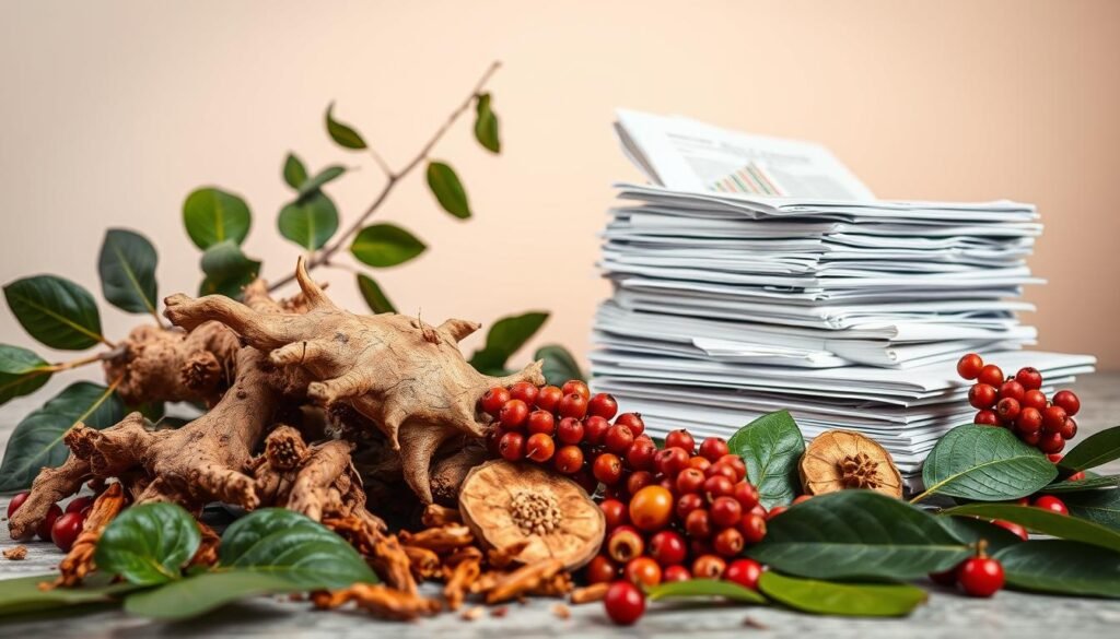 A vibrant still life composition showcasing evidence of ashwagandha's benefits. In the foreground, an array of ashwagandha root, leaves, and berries are artfully arranged, their rich, earthy tones and textures capturing the essence of this ancient Ayurvedic herb. In the middle ground, scientific papers and reports are neatly stacked, conveying the research and data supporting ashwagandha's therapeutic properties. The background features a clean, minimalist setting with soft, warm lighting, emphasizing the subject matter and its importance. The overall scene conveys a sense of authority, knowledge, and the potential of this powerful adaptogenic plant.