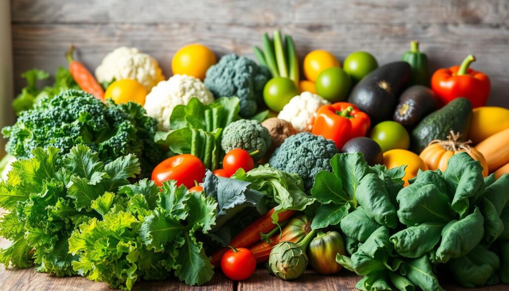 A vibrant still life of a diverse array of alkaline foods, meticulously arranged on a rustic wooden surface. In the foreground, an array of leafy greens, such as kale, spinach, and romaine lettuce, their rich hues accentuated by natural lighting streaming in from the side. In the middle ground, various vegetables like broccoli, cauliflower, and bell peppers, their textures and shapes contrasting beautifully. Towards the back, a selection of alkaline fruits, including lemons, limes, and avocados, adding pops of color and a sense of balance to the composition. The overall scene exudes a sense of freshness, vitality, and a harmonious balance, capturing the essence of an alkaline-focused diet. A vibrant still life of a diverse array of alkaline foods, meticulously arranged on a rustic wooden surface. In the foreground, an array of leafy greens, such as kale, spinach, and romaine lettuce, their rich hues accentuated by natural lighting streaming in from the side. In the middle ground, various vegetables like broccoli, cauliflower, and bell peppers, their textures and shapes contrasting beautifully. Towards the back, a selection of alkaline fruits, including lemons, limes, and avocados, adding pops of color and a sense of balance to the composition. The overall scene exudes a sense of freshness, vitality, and a harmonious balance, capturing the essence of an alkaline-focused diet.