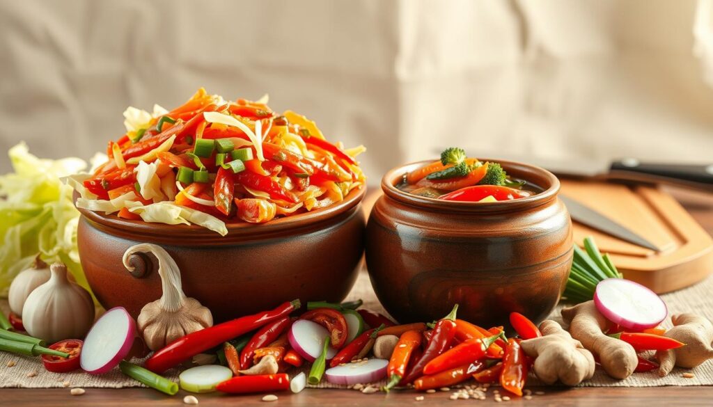 A vibrant still life of a variety of freshly prepared kimchi. In the foreground, a traditional earthenware pot overflows with an array of colorful fermented vegetables - crunchy cabbage, spicy chili peppers, aromatic garlic, and ginger. Surrounding the pot, a scattering of sliced radish, spring onions, and a sprinkle of sesame seeds. The middle ground features a wooden cutting board with a sharp knife, lending a sense of artisanal preparation. In the background, a neutral backdrop, perhaps a simple linen cloth or a plain wall, allows the vivid hues of the kimchi to take center stage. The lighting is warm and natural, casting a glow that enhances the textures and the overall appetizing presentation. The scene evokes the sights, smells, and flavors of traditional Korean cuisine, reflecting the health benefits and cultural significance of this probiotic-rich fermented food. A vibrant still life of a variety of freshly prepared kimchi. In the foreground, a traditional earthenware pot overflows with an array of colorful fermented vegetables - crunchy cabbage, spicy chili peppers, aromatic garlic, and ginger. Surrounding the pot, a scattering of sliced radish, spring onions, and a sprinkle of sesame seeds. The middle ground features a wooden cutting board with a sharp knife, lending a sense of artisanal preparation. In the background, a neutral backdrop, perhaps a simple linen cloth or a plain wall, allows the vivid hues of the kimchi to take center stage. The lighting is warm and natural, casting a glow that enhances the textures and the overall appetizing presentation. The scene evokes the sights, smells, and flavors of traditional Korean cuisine, reflecting the health benefits and cultural significance of this probiotic-rich fermented food.