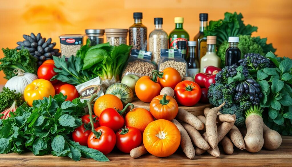 A vibrant still life of fresh, wholesome grocery foods set against a warm, natural background. In the foreground, an assortment of colorful fruits and vegetables - ripe tomatoes, crisp leafy greens, juicy oranges, and earthy root vegetables - arranged artfully on a wooden surface. In the middle ground, various pantry staples like whole grains, legumes, and healthy oils are displayed, suggesting nourishing meal options. The background features a soft, golden-hued lighting, evoking a cozy, inviting atmosphere. The overall composition conveys a sense of abundance, balance, and the versatility of plant-based and paleo-friendly ingredients readily available in a typical American grocery setting.