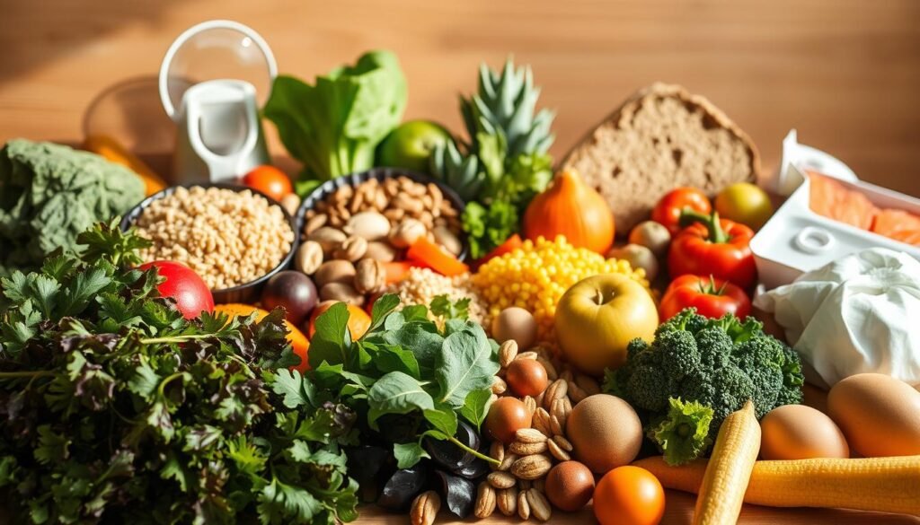 A vibrant still life of nutrient-dense whole foods arranged for a balanced meal plan. In the foreground, an array of fresh produce - leafy greens, colorful vegetables, juicy fruits. In the middle ground, whole grains like quinoa, brown rice, and whole wheat bread. Garnished with a variety of nuts, seeds, and lean protein sources like fish, eggs, and legumes. The scene is bathed in warm, natural lighting, casting a soft glow and gentle shadows. The overall composition conveys a sense of wholesome nourishment, wellness, and the ease of planning a vitamin-rich daily diet. A vibrant still life of nutrient-dense whole foods arranged for a balanced meal plan. In the foreground, an array of fresh produce - leafy greens, colorful vegetables, juicy fruits. In the middle ground, whole grains like quinoa, brown rice, and whole wheat bread. Garnished with a variety of nuts, seeds, and lean protein sources like fish, eggs, and legumes. The scene is bathed in warm, natural lighting, casting a soft glow and gentle shadows. The overall composition conveys a sense of wholesome nourishment, wellness, and the ease of planning a vitamin-rich daily diet.