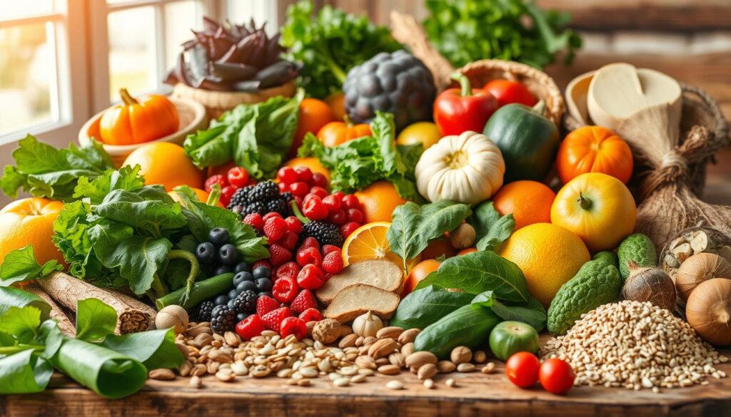 A vibrant still life scene depicting a selection of whole, unprocessed foods arranged on a rustic wooden table. In the foreground, a variety of fresh fruits and vegetables such as leafy greens, berries, citrus, and root vegetables are displayed in an aesthetically pleasing manner. In the middle ground, various nuts, seeds, and whole grains are scattered, emphasizing the diversity of nutrient-dense, whole-food ingredients. The background features natural lighting streaming in through a window, casting a warm, inviting glow over the scene. The overall composition conveys a sense of abundance, wholeness, and the inherent nutritional value of these minimally processed, real-food ingredients. A vibrant still life scene depicting a selection of whole, unprocessed foods arranged on a rustic wooden table. In the foreground, a variety of fresh fruits and vegetables such as leafy greens, berries, citrus, and root vegetables are displayed in an aesthetically pleasing manner. In the middle ground, various nuts, seeds, and whole grains are scattered, emphasizing the diversity of nutrient-dense, whole-food ingredients. The background features natural lighting streaming in through a window, casting a warm, inviting glow over the scene. The overall composition conveys a sense of abundance, wholeness, and the inherent nutritional value of these minimally processed, real-food ingredients.
