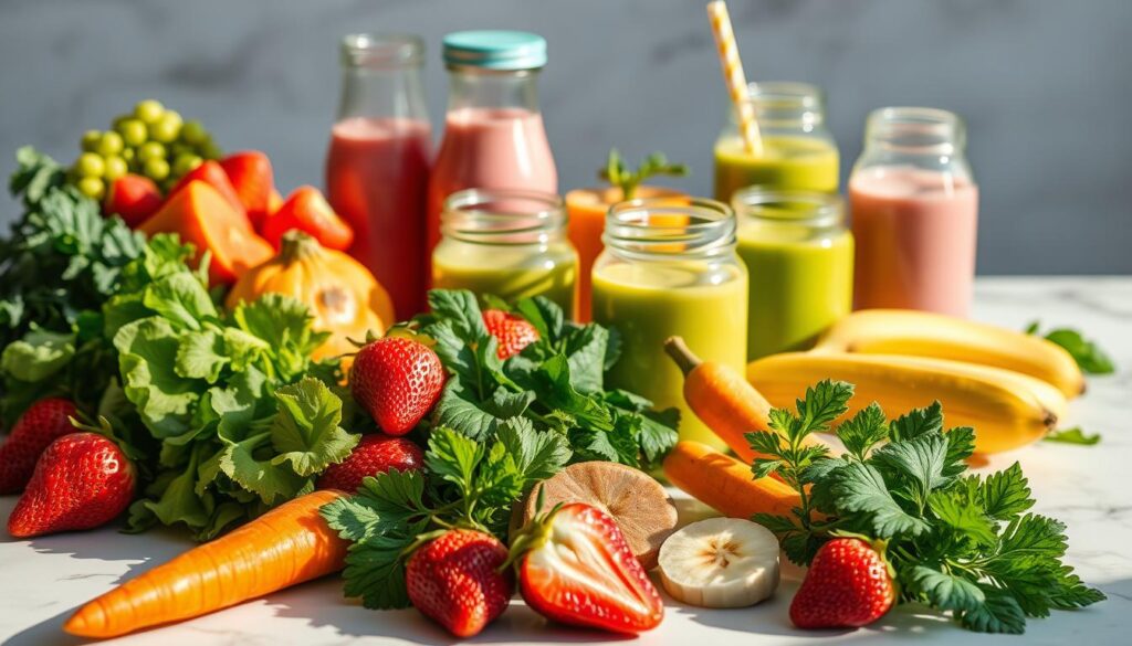 A vibrant still life showcasing an array of smoothie ingredients. In the foreground, a variety of fresh fruits and vegetables - juicy strawberries, crisp leafy greens, a vibrant orange carrot, and ripe banana slices - artfully arranged on a white marble surface, bathed in warm, natural lighting. In the middle ground, glass jars and bottles containing smoothie blends in various shades of green, pink, and purple, creating a visually appealing and appetizing scene. The background is blurred, allowing the vibrant produce and refreshing beverages to take center stage. The overall composition conveys a sense of health, vitality, and the joy of crafting nourishing smoothies. A vibrant still life showcasing an array of smoothie ingredients. In the foreground, a variety of fresh fruits and vegetables - juicy strawberries, crisp leafy greens, a vibrant orange carrot, and ripe banana slices - artfully arranged on a white marble surface, bathed in warm, natural lighting. In the middle ground, glass jars and bottles containing smoothie blends in various shades of green, pink, and purple, creating a visually appealing and appetizing scene. The background is blurred, allowing the vibrant produce and refreshing beverages to take center stage. The overall composition conveys a sense of health, vitality, and the joy of crafting nourishing smoothies.