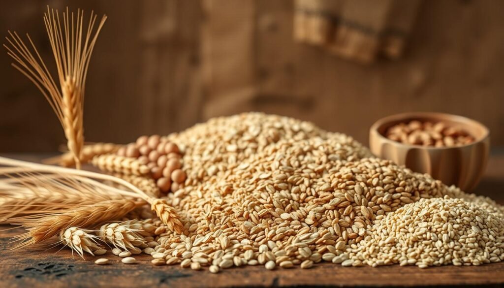 A vibrant still life showcasing an array of whole grains on a rustic wooden table. In the foreground, sun-kissed stalks of golden wheat, plump barley, and nutty-brown quinoa are arranged in an elegant composition. The middle ground features a scattering of oats, brown rice, and bulgur, their textures and colors complementing each other. In the background, a backdrop of earthy burlap hints at the natural, nourishing qualities of these fiber-rich staples. The lighting is warm and diffused, creating a soft, inviting atmosphere that emphasizes the wholesome, artisanal qualities of these ingredients. Captured with a macro lens, the image draws the viewer in to appreciate the intricate details and rich tones of these essential whole grains. A vibrant still life showcasing an array of whole grains on a rustic wooden table. In the foreground, sun-kissed stalks of golden wheat, plump barley, and nutty-brown quinoa are arranged in an elegant composition. The middle ground features a scattering of oats, brown rice, and bulgur, their textures and colors complementing each other. In the background, a backdrop of earthy burlap hints at the natural, nourishing qualities of these fiber-rich staples. The lighting is warm and diffused, creating a soft, inviting atmosphere that emphasizes the wholesome, artisanal qualities of these ingredients. Captured with a macro lens, the image draws the viewer in to appreciate the intricate details and rich tones of these essential whole grains.