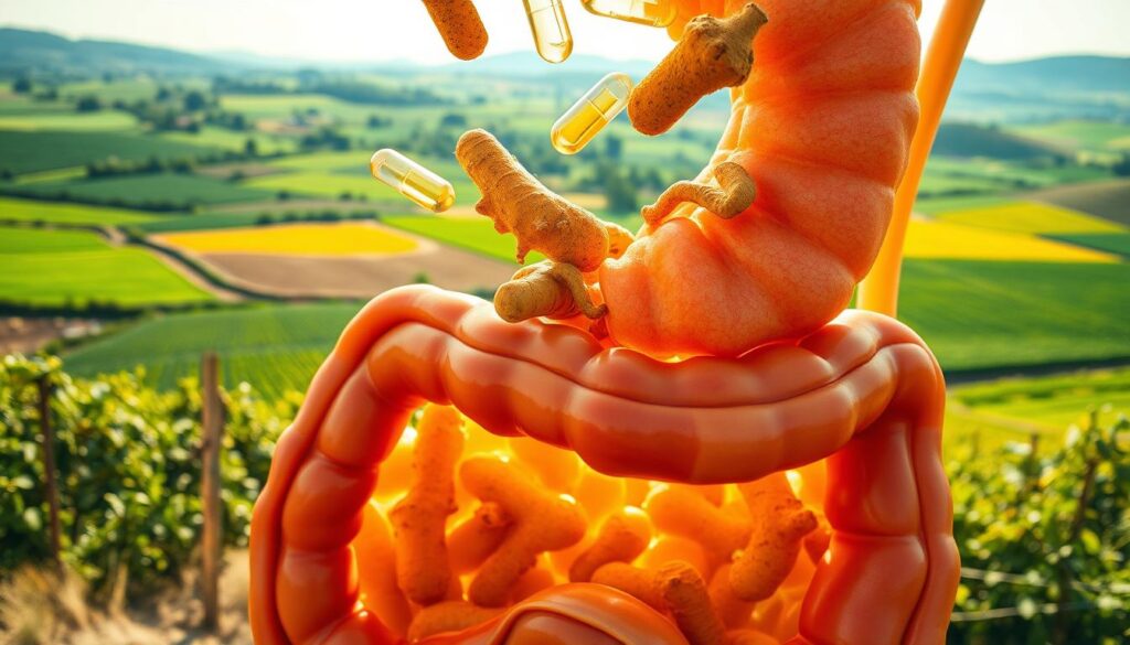 A vibrant, sun-drenched scene of a healthy gut. In the foreground, a cross-section of the intestines, the lining rich with thriving probiotic colonies. Floating above, translucent capsules release streams of ginger and turmeric, their rhizomes visible. In the background, a patchwork of verdant fields and rolling hills, suggesting the nourishing, restorative power of natural ingredients. Soft, diffuse lighting casts a warm, inviting glow, conveying a sense of balance, comfort, and vitality. Captured with a wide-angle lens to emphasize the interconnectedness of gut, ingredients, and environment. A vibrant, sun-drenched scene of a healthy gut. In the foreground, a cross-section of the intestines, the lining rich with thriving probiotic colonies. Floating above, translucent capsules release streams of ginger and turmeric, their rhizomes visible. In the background, a patchwork of verdant fields and rolling hills, suggesting the nourishing, restorative power of natural ingredients. Soft, diffuse lighting casts a warm, inviting glow, conveying a sense of balance, comfort, and vitality. Captured with a wide-angle lens to emphasize the interconnectedness of gut, ingredients, and environment.