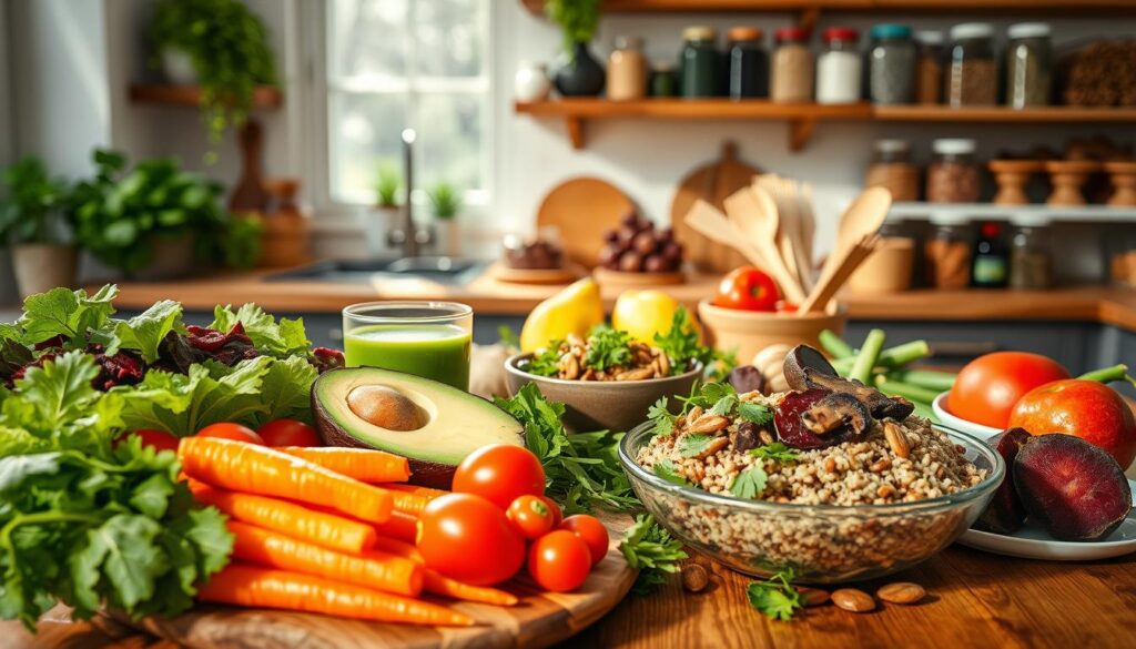 A vibrant, sun-drenched scene of a rustic kitchen table adorned with a variety of alkaline-rich foods. In the foreground, a platter showcases an array of colorful, fresh vegetables - leafy greens, crisp carrots, juicy tomatoes, and crunchy bell peppers. Beside it, a bowl of creamy avocado slices and a glass of refreshing green smoothie. In the middle ground, a hearty grain bowl filled with quinoa, roasted beets, and sautéed mushrooms. The background features shelves lined with jars of nutrient-dense superfoods like spirulina, chia seeds, and almonds. Soft natural lighting filters through the window, casting a warm glow over the scene. The overall atmosphere is one of wholesome, vibrant nourishment. A vibrant, sun-drenched scene of a rustic kitchen table adorned with a variety of alkaline-rich foods. In the foreground, a platter showcases an array of colorful, fresh vegetables - leafy greens, crisp carrots, juicy tomatoes, and crunchy bell peppers. Beside it, a bowl of creamy avocado slices and a glass of refreshing green smoothie. In the middle ground, a hearty grain bowl filled with quinoa, roasted beets, and sautéed mushrooms. The background features shelves lined with jars of nutrient-dense superfoods like spirulina, chia seeds, and almonds. Soft natural lighting filters through the window, casting a warm glow over the scene. The overall atmosphere is one of wholesome, vibrant nourishment.