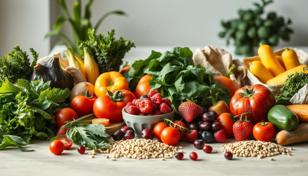 A vibrant, well-balanced table filled with a variety of fresh, colorful produce: crisp green leafy greens, ripe tomatoes, juicy berries, crunchy vegetables, and whole grains. Soft, diffused natural lighting illuminates the scene, creating a warm, inviting atmosphere. The arrangement is aesthetically pleasing, with elements thoughtfully placed to suggest a nourishing, evidence-based approach to healthy eating. The overall mood is one of wholesome simplicity, reflecting a balanced, sustainable diet. A high-resolution, photorealistic image captured with a professional-grade camera lens, showcasing the beauty and appeal of a nutritious, whole-food-based lifestyle. A vibrant, well-balanced table filled with a variety of fresh, colorful produce: crisp green leafy greens, ripe tomatoes, juicy berries, crunchy vegetables, and whole grains. Soft, diffused natural lighting illuminates the scene, creating a warm, inviting atmosphere. The arrangement is aesthetically pleasing, with elements thoughtfully placed to suggest a nourishing, evidence-based approach to healthy eating. The overall mood is one of wholesome simplicity, reflecting a balanced, sustainable diet. A high-resolution, photorealistic image captured with a professional-grade camera lens, showcasing the beauty and appeal of a nutritious, whole-food-based lifestyle.