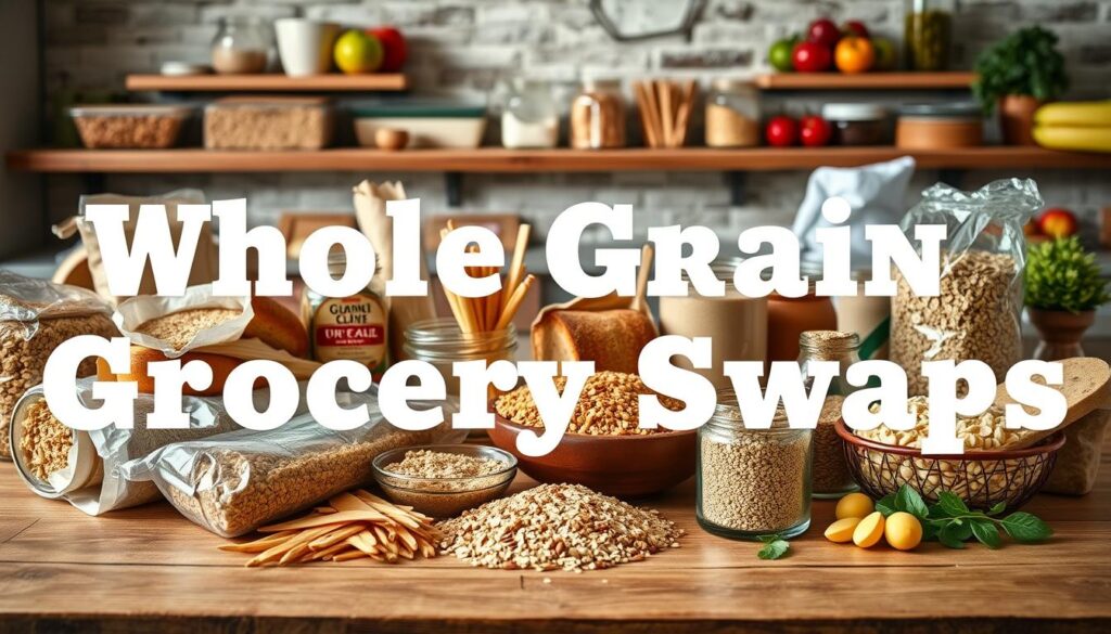 A vibrant, well-lit photograph showcasing a variety of whole grain grocery items on a clean, rustic wooden table. In the foreground, display a selection of whole grain breads, pastas, and cereals, artfully arranged. In the middle ground, feature whole grains such as quinoa, brown rice, and oats in glass jars or bowls. In the background, include complementary produce like fresh fruits and vegetables to convey a sense of a balanced, healthy eating plan. The lighting should be natural, soft, and evenly distributed, creating a warm, inviting atmosphere. Capture the scene from a slightly elevated angle to provide a comprehensive view of the whole grain grocery swaps. A vibrant, well-lit photograph showcasing a variety of whole grain grocery items on a clean, rustic wooden table. In the foreground, display a selection of whole grain breads, pastas, and cereals, artfully arranged. In the middle ground, feature whole grains such as quinoa, brown rice, and oats in glass jars or bowls. In the background, include complementary produce like fresh fruits and vegetables to convey a sense of a balanced, healthy eating plan. The lighting should be natural, soft, and evenly distributed, creating a warm, inviting atmosphere. Capture the scene from a slightly elevated angle to provide a comprehensive view of the whole grain grocery swaps.