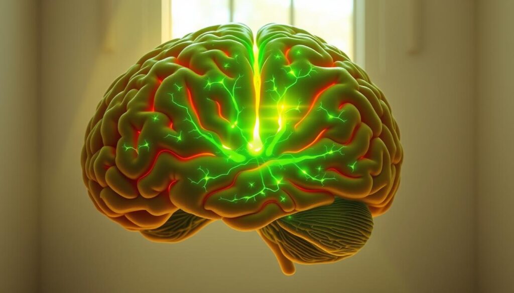 A vivid cross-section of the human brain, with the frontal lobe highlighted in a vibrant green, symbolizing the calming and focused effects of matcha. The neurons fire with a gentle, meditative glow, as if infused with the essence of the ceremonial green tea. Sunlight filters through a window, casting a warm, natural light that enhances the intricate neural networks. The background is a serene, minimalist landscape, allowing the brain function to take center stage. Captured with a high-resolution, macro lens for maximum detail and clarity, this image conveys the profound neurological benefits of matcha's active compound, L-theanine.