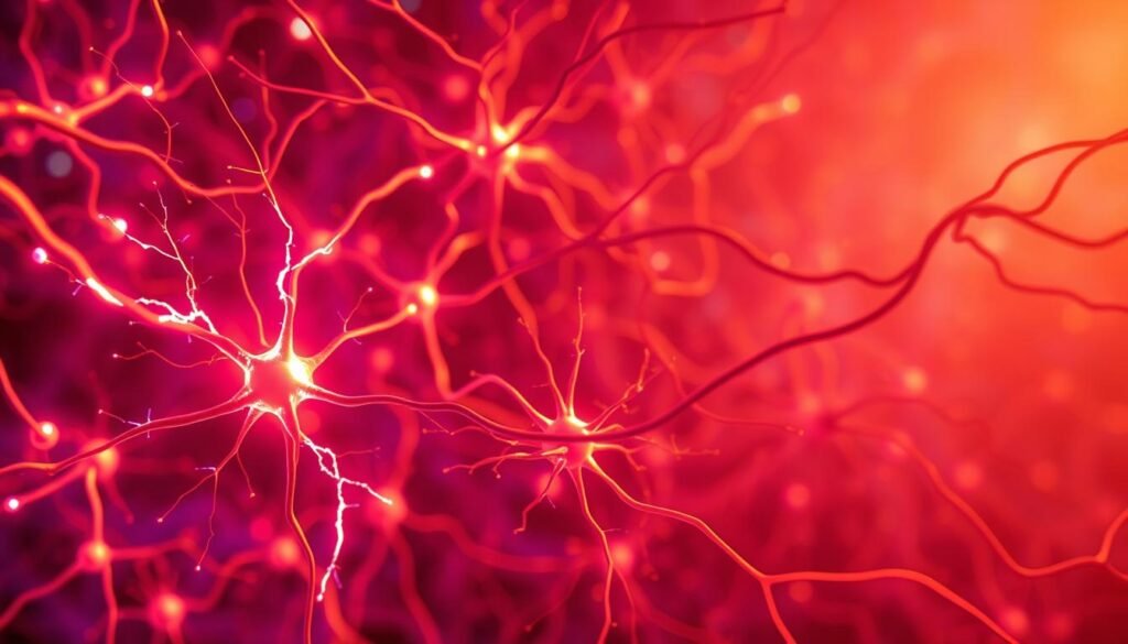 A vivid, interconnected neural network pulses with dynamic energy, showcasing the remarkable neuroplasticity of the human brain. In the foreground, bilateral stimulation is represented by two opposing electrical currents, flowing seamlessly through intricate, branching pathways. The middle ground features a series of neurons, their dendritic spines extended, capturing the process of building new neural connections. In the background, a soft, ambient glow creates a sense of depth and luminosity, highlighting the organic, ever-evolving nature of the brain. Captured with a wide-angle lens and dramatic lighting, this image conveys the awe-inspiring power of neuroplasticity and the profound impact of bilateral stimulation on the mind.