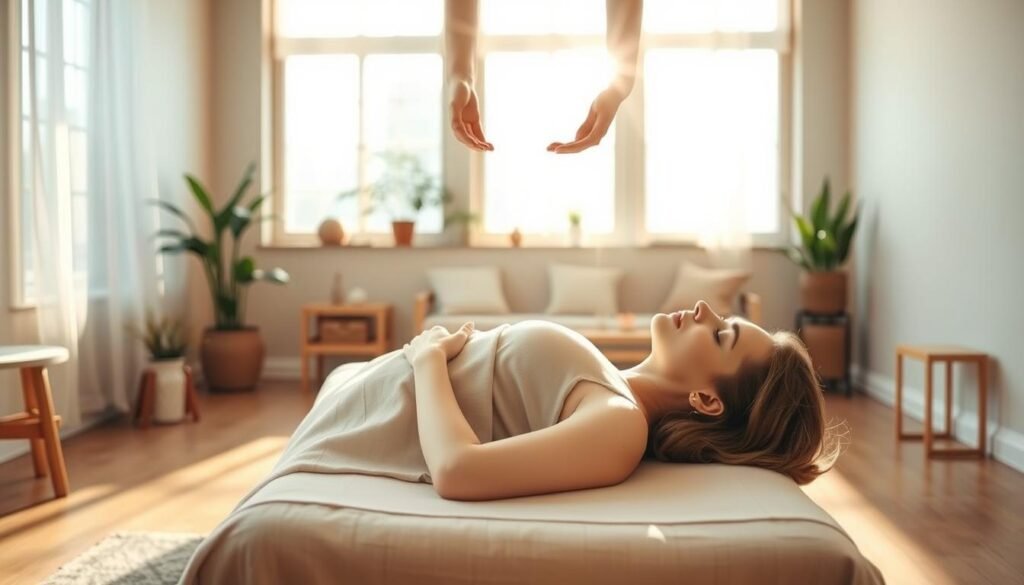 A warm, serene reiki session in a tranquil studio setting. Soft natural light filters through large windows, casting a gentle glow on the minimalist wooden furniture and linen-draped massage table. A practitioner's hands hover above the client's body, channeling calming energy. Subtle crystals and plants dot the space, evoking a sense of balance and wellness. The client's face is peaceful, as they sink deeper into a state of relaxation and inner healing. The overall atmosphere is one of quiet introspection and rejuvenation. A warm, serene reiki session in a tranquil studio setting. Soft natural light filters through large windows, casting a gentle glow on the minimalist wooden furniture and linen-draped massage table. A practitioner's hands hover above the client's body, channeling calming energy. Subtle crystals and plants dot the space, evoking a sense of balance and wellness. The client's face is peaceful, as they sink deeper into a state of relaxation and inner healing. The overall atmosphere is one of quiet introspection and rejuvenation.