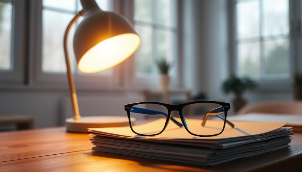 A warm, soft desk lamp casting a gentle, focused light across a wooden desk. The lamp's rounded, minimalist design emits a soothing amber glow, creating a calming, productivity-boosting atmosphere. In the foreground, a pair of sleek, modern blue-light blocking glasses sit atop a stack of papers, ready to shield the eyes from the harmful effects of digital screens. The background features a clean, airy space with natural light filtering in through large windows, complementing the artificial lighting. A warm, soft desk lamp casting a gentle, focused light across a wooden desk. The lamp's rounded, minimalist design emits a soothing amber glow, creating a calming, productivity-boosting atmosphere. In the foreground, a pair of sleek, modern blue-light blocking glasses sit atop a stack of papers, ready to shield the eyes from the harmful effects of digital screens. The background features a clean, airy space with natural light filtering in through large windows, complementing the artificial lighting.