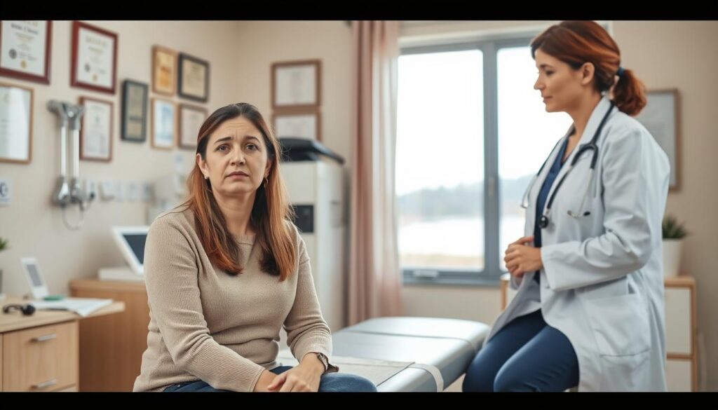 A warm, well-lit doctor's office interior, with a calm, professional atmosphere. In the foreground, a woman in her 30s sitting on an examination table, a concerned expression on her face as she discusses her perimenopause symptoms with a caring, experienced female doctor in a white coat. The background features medical equipment, diplomas on the wall, and a window overlooking a serene outdoor scene, conveying a sense of trust and expertise. The lighting is soft and natural, creating a soothing, reassuring mood. The composition emphasizes the connection and dialogue between the patient and doctor, highlighting the importance of seeking medical guidance during this transitional life stage.