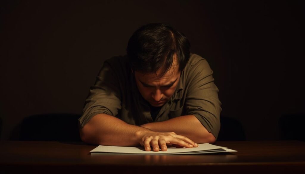 A weary figure slumped on a desk, with dark circles under their eyes and a furrowed brow. The background is dimly lit, casting long shadows across the room, creating a somber, drained atmosphere. The person's posture suggests physical and mental exhaustion, their hands resting limply on the desk, as if they've lost the energy to continue. Warm, muted tones predominate, giving the scene a sense of heaviness and despair. The lighting is soft and low-key, emphasizing the subject's fatigue and the oppressive nature of the environment.
