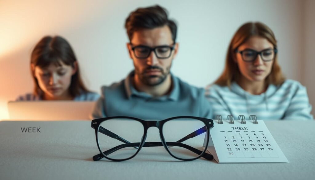 A week-by-week visual diary showcasing the gradual impact of blue light filtering glasses. In the foreground, a pair of stylish frames sits on a neutral surface, accompanied by a calendar tracking the days. The middle ground features a series of small, subtly changing facial expressions - from strained and fatigued on the first day to relaxed and rejuvenated by the final week. The background evokes a soothing, minimalist ambiance with soft lighting and muted tones, creating a calming atmosphere that reflects the improved sleep and reduced eye strain experienced over the course of the month-long trial.