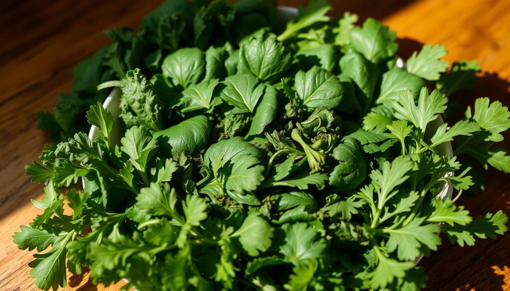 A well-balanced plate of lush, vibrant leafy greens arranged in a visually appealing and harmonious composition. The greens, such as kale, spinach, and arugula, are evenly distributed across the plate, creating a sense of balance and proportion. The lighting is natural and warm, casting gentle shadows that accentuate the texture and depth of the greens. The image is captured from a slightly elevated angle, allowing the viewer to appreciate the carefully curated arrangement of the different leaves. The overall mood is one of freshness, vitality, and a commitment to a balanced, alkaline-focused diet. A well-balanced plate of lush, vibrant leafy greens arranged in a visually appealing and harmonious composition. The greens, such as kale, spinach, and arugula, are evenly distributed across the plate, creating a sense of balance and proportion. The lighting is natural and warm, casting gentle shadows that accentuate the texture and depth of the greens. The image is captured from a slightly elevated angle, allowing the viewer to appreciate the carefully curated arrangement of the different leaves. The overall mood is one of freshness, vitality, and a commitment to a balanced, alkaline-focused diet.