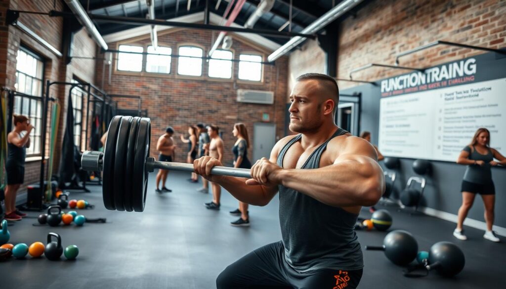 A well-equipped gym with natural lighting, high ceilings, and exposed brick walls. In the foreground, a muscular athlete performs a challenging barbell squat, their face etched with determination. Surrounding them, a range of functional training equipment - kettlebells, resistance bands, medicine balls, and suspension trainers - hinting at the diverse movements and exercises that make up a comprehensive functional training program. The middle ground showcases other athletes engaging in a variety of strength-building activities, their movements fluid and powerful. In the background, a wall-mounted display highlights key principles of functional training, emphasizing its real-world applicability. The overall atmosphere is one of focused intensity, where physical transformation is achieved through purposeful, multi-faceted training. A well-equipped gym with natural lighting, high ceilings, and exposed brick walls. In the foreground, a muscular athlete performs a challenging barbell squat, their face etched with determination. Surrounding them, a range of functional training equipment - kettlebells, resistance bands, medicine balls, and suspension trainers - hinting at the diverse movements and exercises that make up a comprehensive functional training program. The middle ground showcases other athletes engaging in a variety of strength-building activities, their movements fluid and powerful. In the background, a wall-mounted display highlights key principles of functional training, emphasizing its real-world applicability. The overall atmosphere is one of focused intensity, where physical transformation is achieved through purposeful, multi-faceted training.