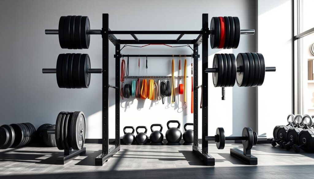 A well-equipped home gym set against a sleek, modern backdrop. In the foreground, a sturdy power rack with an assortment of weight plates and barbells, casting long shadows. In the middle ground, a selection of resistance bands, kettlebells, and dumbbells neatly arranged. The background features a minimalist wall with floor-to-ceiling windows, bathing the scene in soft, natural light. The overall atmosphere conveys a sense of focused intensity, hinting at the transformative power of this functional training equipment. A well-equipped home gym set against a sleek, modern backdrop. In the foreground, a sturdy power rack with an assortment of weight plates and barbells, casting long shadows. In the middle ground, a selection of resistance bands, kettlebells, and dumbbells neatly arranged. The background features a minimalist wall with floor-to-ceiling windows, bathing the scene in soft, natural light. The overall atmosphere conveys a sense of focused intensity, hinting at the transformative power of this functional training equipment.