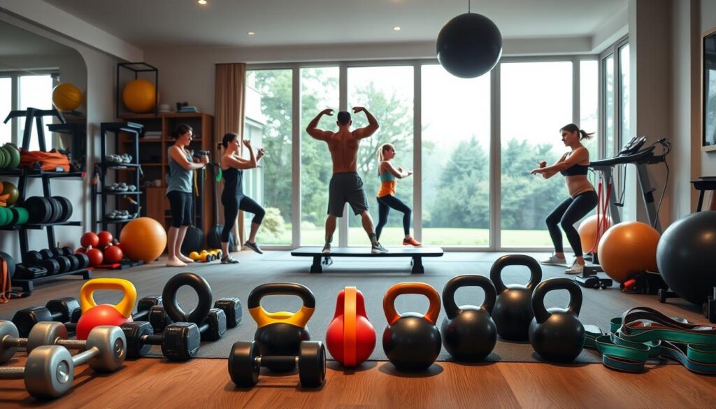 A well-equipped home gym with an array of dumbbells, kettlebells, resistance bands, and exercise balls. The foreground showcases a progression of strength-building exercises, from beginner to advanced, with people demonstrating proper form. The middle ground features a balance board and other versatile training tools, highlighting options for developing stability and balance. The background depicts a serene, natural setting with large windows, bringing the outdoors in and creating a calming, motivating atmosphere. The lighting is soft and diffused, creating a warm, inviting ambiance. The composition emphasizes the interconnectedness of strength, stability, and flexibility for everyday functional fitness.