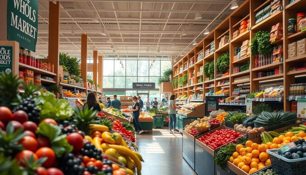 A well-lit, airy interior of a Whole Foods Market, showcasing its abundance of fresh, organic produce. The foreground displays a bountiful display of vibrant fruits and vegetables, their colors and textures capturing the eye. In the middle ground, customers browse the aisles, selecting from a wide variety of healthy, wholesome ingredients. The background features the store's signature wooden shelves, stocked with an array of nutritious, whole food items. Soft, natural lighting bathes the scene, creating a warm, inviting atmosphere that evokes a sense of wellness and vitality. The overall composition emphasizes the store's commitment to providing a comprehensive selection of high-quality, vitamin-rich whole foods. A well-lit, airy interior of a Whole Foods Market, showcasing its abundance of fresh, organic produce. The foreground displays a bountiful display of vibrant fruits and vegetables, their colors and textures capturing the eye. In the middle ground, customers browse the aisles, selecting from a wide variety of healthy, wholesome ingredients. The background features the store's signature wooden shelves, stocked with an array of nutritious, whole food items. Soft, natural lighting bathes the scene, creating a warm, inviting atmosphere that evokes a sense of wellness and vitality. The overall composition emphasizes the store's commitment to providing a comprehensive selection of high-quality, vitamin-rich whole foods.