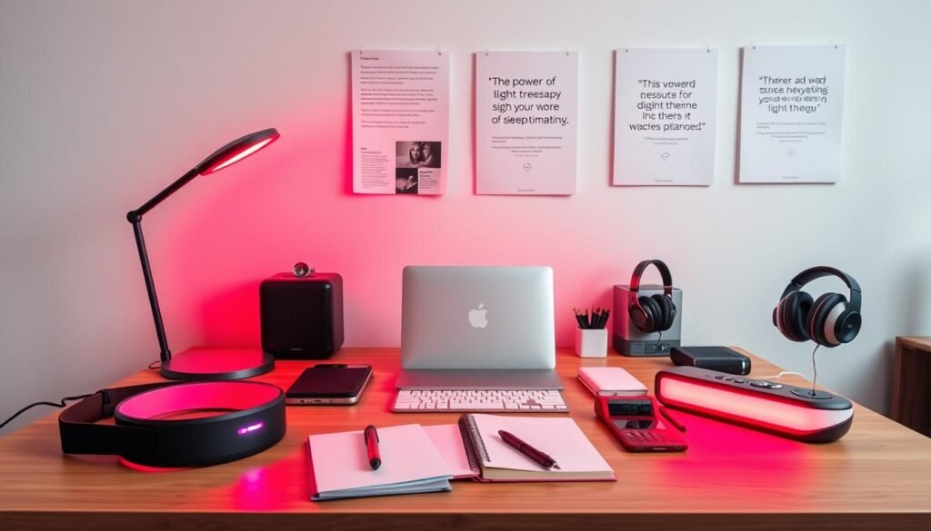 A well-lit, clean-lined home office setting with an array of devices and accessories neatly arranged on a modern wooden desk. In the foreground, a selection of red light therapy devices - wearable headbands, desk lamps, and handheld devices - sit alongside a notebook and writing implements. In the middle ground, a sleek laptop and noise-cancelling headphones symbolize the digital tools of the biohacker's trade. The background features a minimalist wall display showcasing research materials and inspirational quotes about the power of light therapy for sleep optimization. The overall atmosphere is one of focus, efficiency, and a considered approach to optimizing one's wellbeing through technology.